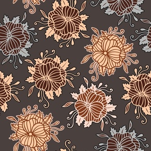 Hand Drawn Orange Flowers Line Art Autumn on Dark Background