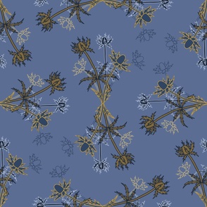 Jumbo - Sea holly plants in an ogee style for a living room wallpaper. Hand drawn flowers in yellow & navy on a blue nova background. 