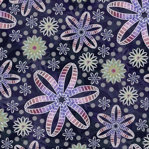 Striped and Stroked Eyes - Scattered Winter Flowers - on Blue Background