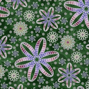 Striped and Stroked Eyes - Scattered Winter Flowers - on Green Background