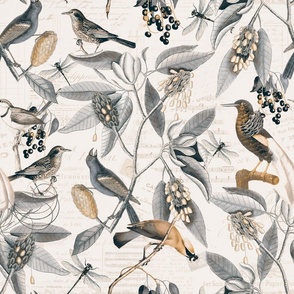 Vintage Magnolia Flowers And Birds Pattern Brown Grey  Beige Medium Scale