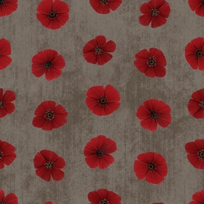 Medium Dotted Poppy Florals on Dusty Brown Textured Background