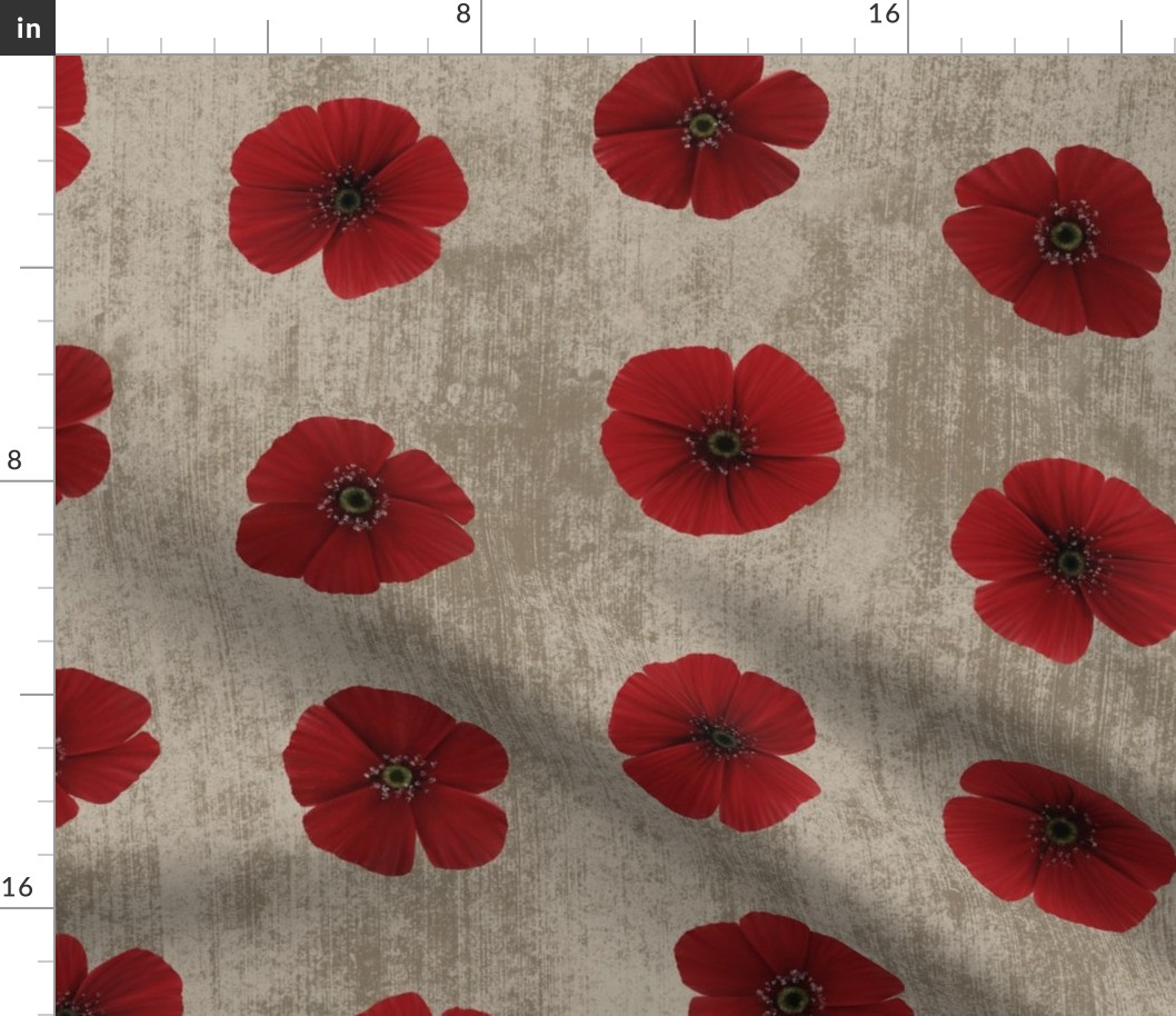 Medium Dotted Poppy Florals on Beige Textured Background