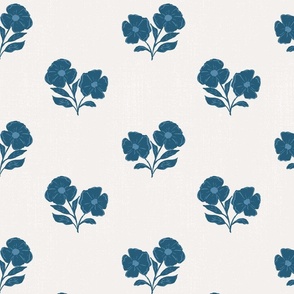 Vintage Modern Floral Bouquet with Linen Background in Ivory and Dark Blue.