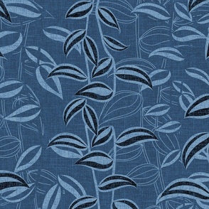 Jumbo - Hand drawn indigo denim leaves and vines of the inch plant on a chambray blue, faux denim woven textured background. 