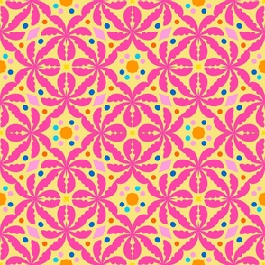 Mini Sunny Palms Cheerful Summer Tropical Trees Pattern In Hot Peachy Pink On Yellow With Orange Blue And Pink Accents