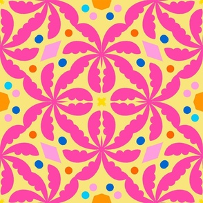 Sunny Palms Cheerful Summer Tropical Trees Pattern In Hot Peachy Pink On Yellow With Orange Blue And Pink Accents