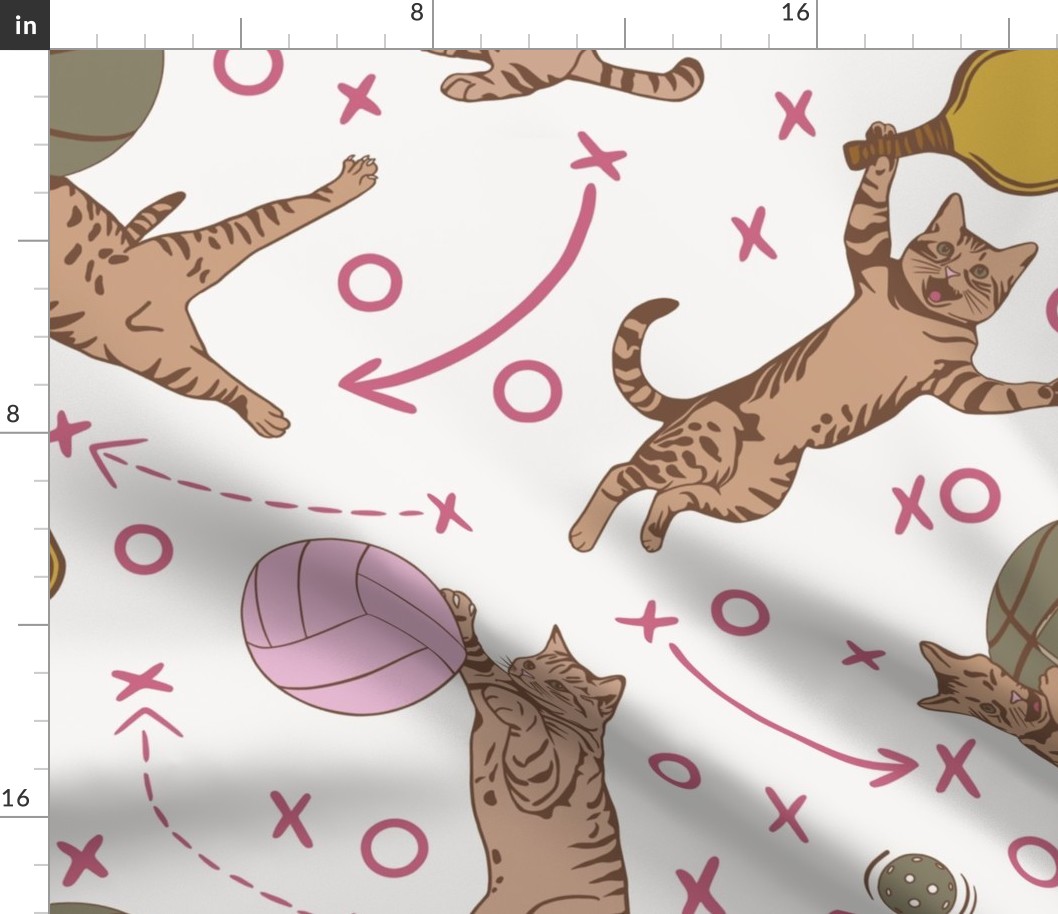 Kitty Court Sports Pink & White Large - Pets, Cats, Basketball, Volleyball, Pickleball, Kids, Children’s, Fun, Cute, Clothing, Bedding, Bags, Wallpaper, Home Decor, Playroom, Recreation, Girls, Activities, Yellow, Sage, Brown
