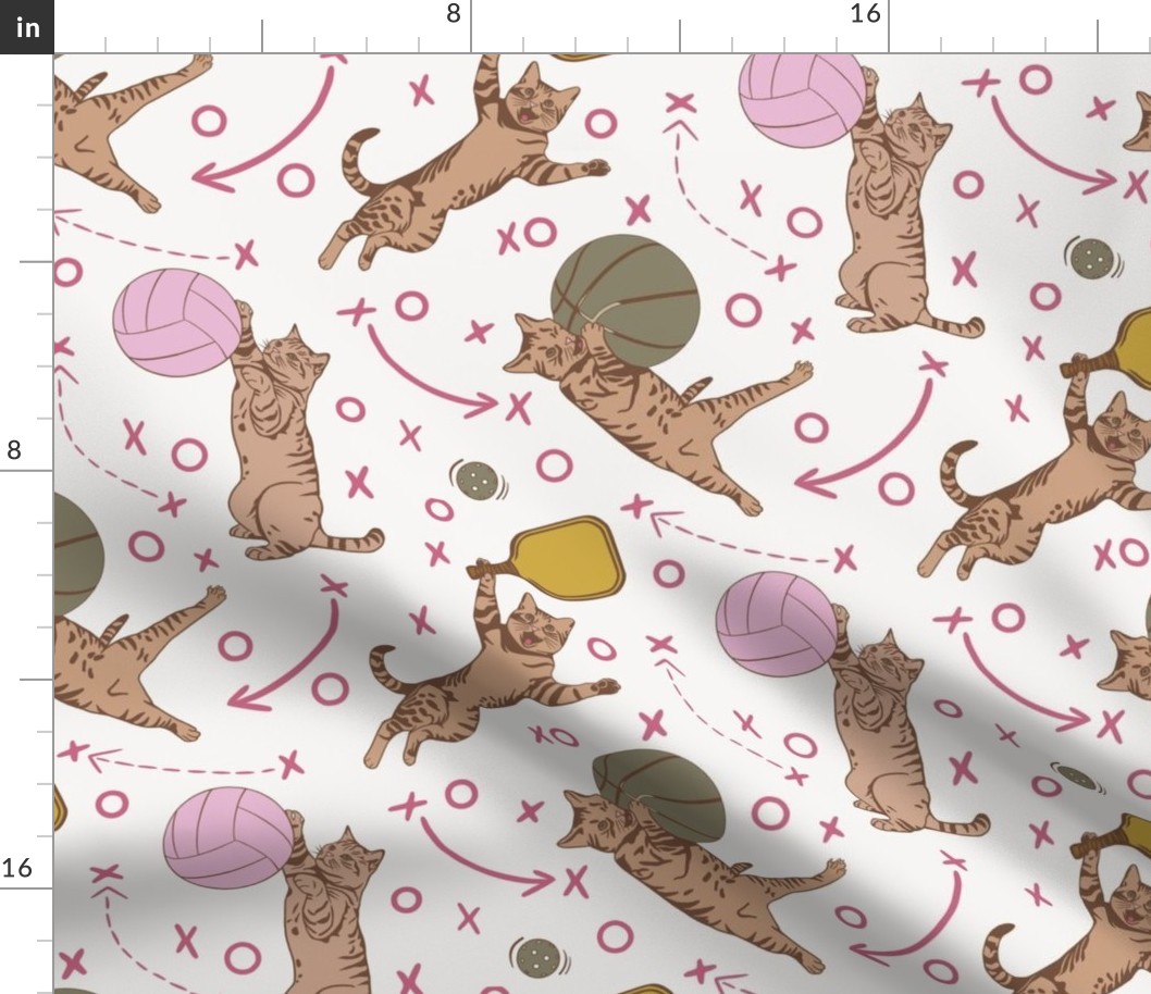 Kitty Court Sports Pink & White Medium - Pets, Cats, Basketball, Volleyball, Pickleball, Kids, Children’s, Fun, Cute, Clothing, Bedding, Bags, Wallpaper, Home Decor, Playroom, Recreation, Girls, Activities, Yellow, Sage, Brown 