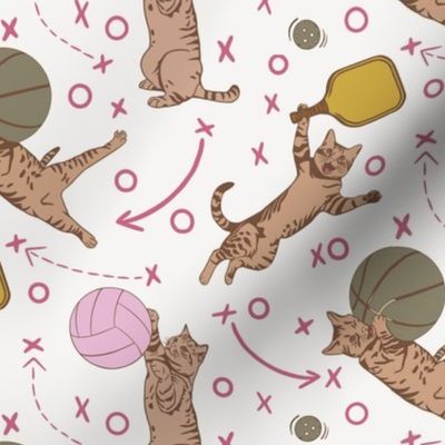 Kitty Court Sports Pink & White Small - Pets, Cats, Basketball, Volleyball, Pickleball, Kids, Children’s, Fun, Cute, Clothing, Bedding, Bags, Wallpaper, Home Decor, Playroom, Recreation, Girls, Activities, Yellow, Sage, Brown 