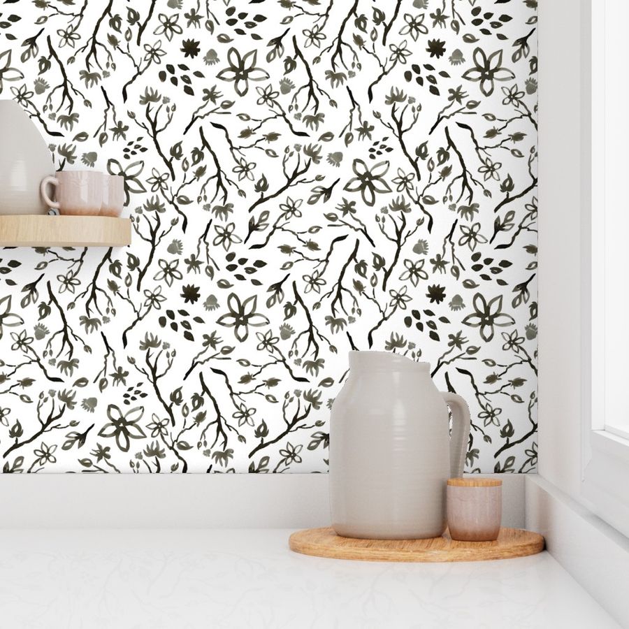 Black and White Magnolia (Multicolour) - Medium Pattern