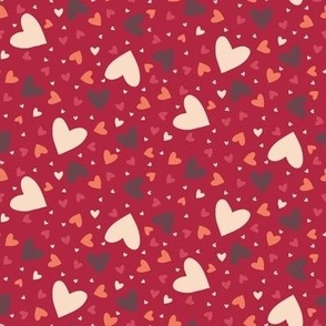 Mini small scale tossed heart pattern in cool reds, warm blush and brown for children's apparel, kids décor, pet accessories, valentines day projects and quilting