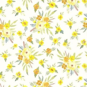 056 - Small scale lemon yellow and sage green watercolour floral bouquet on pale creamy yellow background - for wallpaper, duvet covers, tablecloths, non directional decor