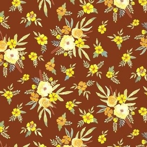 Small scale lemon yellow and sage green watercolour floral bouquet on warm  chocolate background - for wallpaper, duvet covers, tablecloths, non directional decor