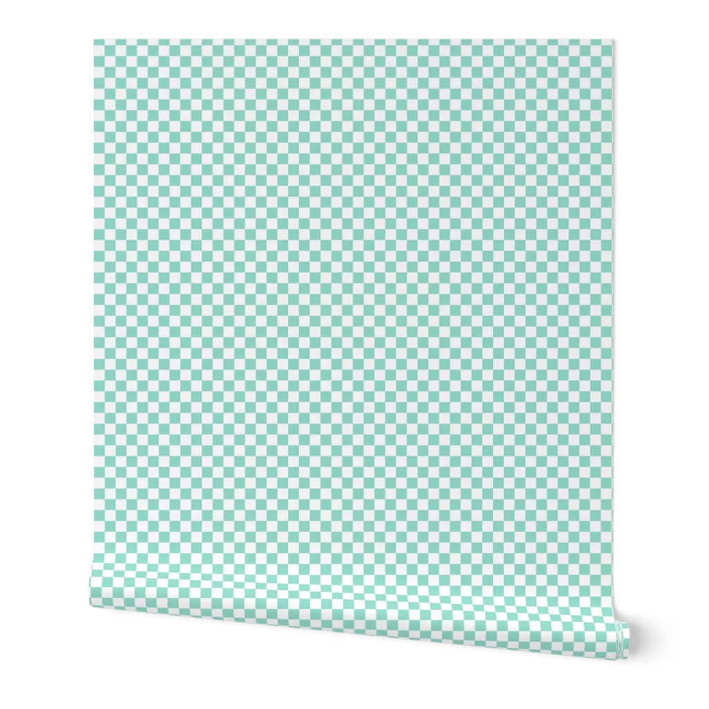 Checkerboard Pattern in Pastel Green and White checked checkered squares, small scale half inch squares 