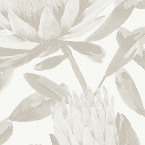 Medium Hand Painted Watercolor White King Proteas in Monochrome Dulux Linseed Neutral with Antique White USA Background