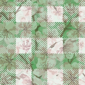 Green on White Floral Gingham Textured Plaid, Leafy Florals Gingham Check Textured Plaid, Simple Plaid Pattern with a Coarse Linen Textured Background, Mother Nature Inspired Plaid