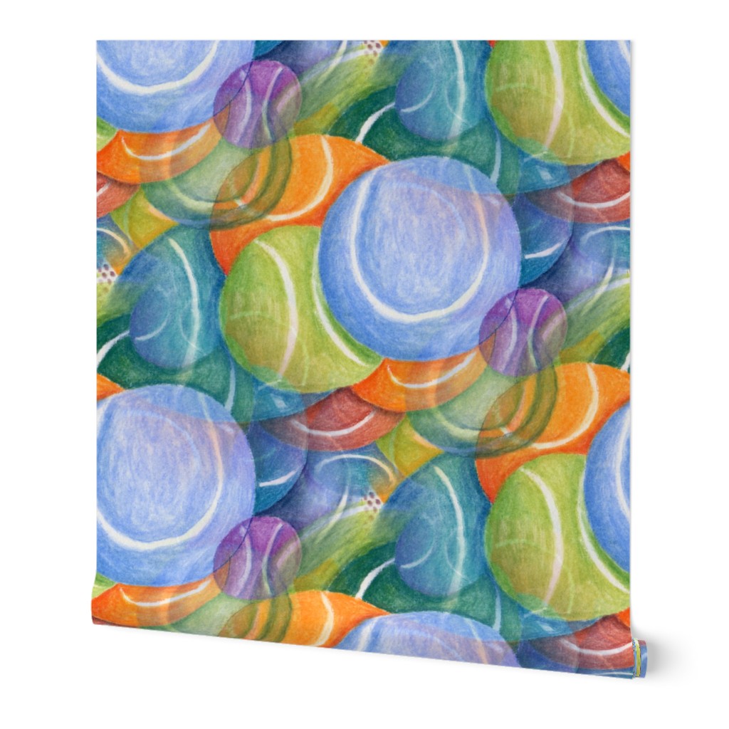 tennis ball blues abstract, jumbo large scale, colorful red orange green blue indigo violet purple lavender