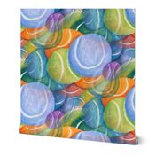 tennis ball blues abstract, jumbo large scale, colorful red orange green blue indigo violet purple lavender