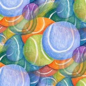 tennis ball blues abstract, jumbo large scale, colorful red orange green blue indigo violet purple lavender