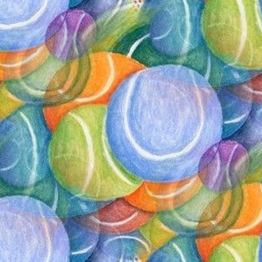 tennis ball blues abstract, medium large scale, colorful red orange green blue indigo violet purple lavender