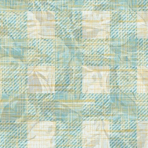 Blue Cream Yellow Leafy Gingham Textured Plaid, Simple Plaid Pattern with a Coarse Linen Textured Background, Mother Nature Inspired Plaid