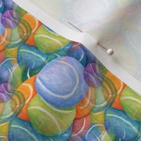tennis ball blues abstract, small scale, colorful red orange green blue indigo violet purple lavender
