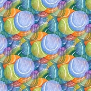 tennis ball blues abstract, small scale, colorful red orange green blue indigo violet purple lavender