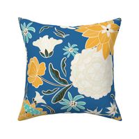Yellow and white vintage carnation and lotus flowers on a blue background