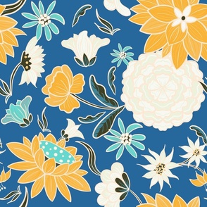 Yellow and white vintage carnation and lotus flowers on a blue background