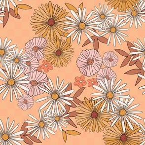 VINTAGE FLOWERS ON CHECKERS : PEACH : MUSTARD : PINK