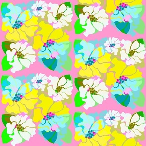 Mini Woodcut Flowers Bright Yellow Daisy Garden Wildflowers Half-Drop On Pastel Pink With Turquoise Blue And Green Bright Cheerful Retro Modern Floral Pattern