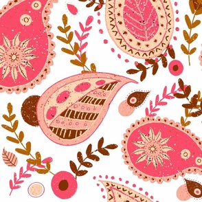 Pink and brown modern floral paisley on a white background