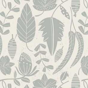 Large Mixed Botanical Leaf Harmony sage green on beige with texture