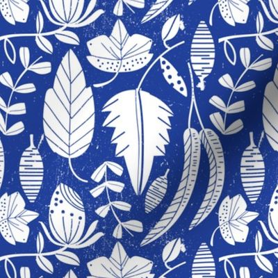 MEDIUM-Mixed Botanical Leaf Harmony white on blue with texture