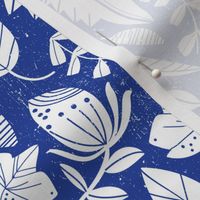 MEDIUM-Mixed Botanical Leaf Harmony white on blue with texture