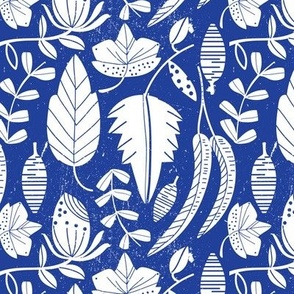 MEDIUM-Mixed Botanical Leaf Harmony white on blue with texture