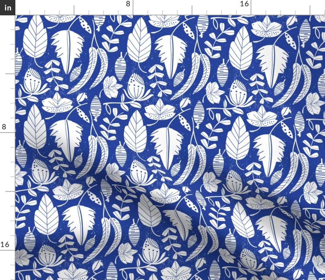 MEDIUM-Mixed Botanical Leaf Harmony white on blue with texture