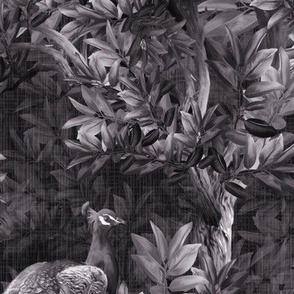 Ornamental Peacock Birds in Shades of Gray, Moody Luxe Floral Retro Botanical, Opulent Blue Birds for Lavish Home Decor, Historical Victorian Cottage Flora and Fauna, Hand Painted Maximalist Floral, Wild Birds Peacock Forest 