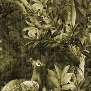 Large Olive Green Vintage Style Maximalist Birds, Sepia Toned Peacock Tail Feathers, Botanical Home Decor, Historical Flora and Fauna, Nostalgic Romance,  Luxury Painterly Style Monochrome Interior Wall, Tropical Male Peacock Home Decor