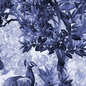 Luxurious Botanical Paradise Peacock Bird, Opulent Dark Blue Ink White Art,  Jewel Colors Toile de Jouy, Peacock Garden, Illustrated Painted Peacock, Tropical Leafy Forest