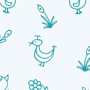 308 - Ducks chickens and florals turquoise for kids apparel, children's wallpaper, curtains and bed linen 