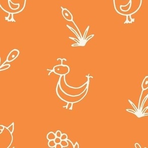 308 - Ducks chickens and florals, off white on muted orange, for kids apparel, children's wallpaper, curtains and bed linen 