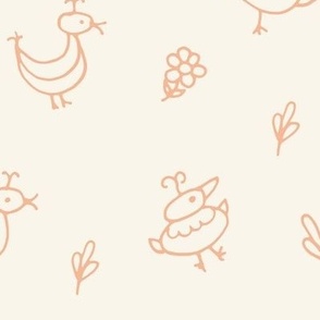 308 - Ducks chickens and florals in taupe and cream for kids apparel, children's wallpaper, curtains and bed linen 