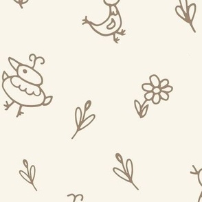 308 - Ducks chickens and florals in grey and off white for kids apparel, children's wallpaper, curtains and bed linen 