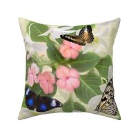 Cream White Summer Garden Flying Moth and Butterfly Forest, Pretty Tropical Pink Floral, Flying Blue Moon Butterfly, Native Animal Wildlife Pattern, Yellow, Pink and Green Nature Print