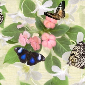 Cream White Summer Garden Flying Moth and Butterfly Forest, Pretty Tropical Pink Floral, Flying Blue Moon Butterfly, Native Animal Wildlife Pattern, Yellow, Pink and Green Nature Print