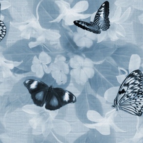 Beautiful Blue Flying Creatures, Natures Flying Wildlife Butterfly Insects, Blue Monochromatic Butterfly Pattern, Contemporary Dark Blue Butterflies, Botanical Monochrome Floral Animal Print