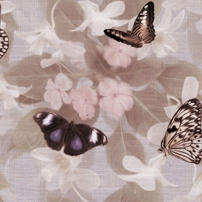 Romantic Earth Toned Butterfly Wings, Flying Insects Camouflage Creatures, Nostalgic Muted Pink Brown Earth Toned Floral, Clipper Butterflies Collecting Nectar on Small Pink White Flowers