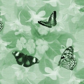 Green Monochromatic Butterflies Design, Tropical Botanic Garden White Orchid Lily Flowers, Blue Moon Butterfly, Emerald Green Monochrome Wildlife Forest